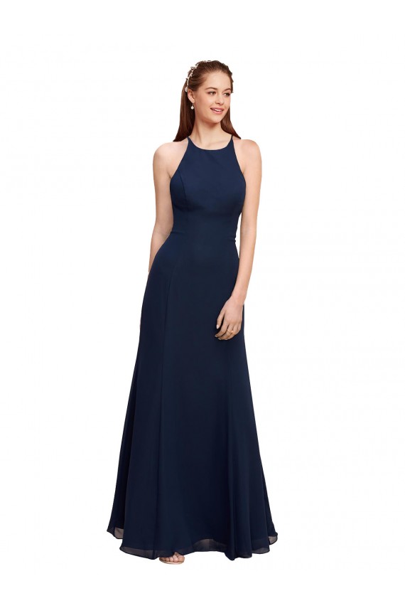 Online High Halter Fit and Flare Long Chiffon Prom Dress with Criss Cross Low Back UK