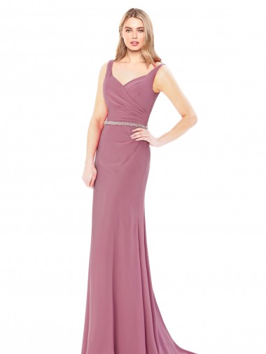 Online Long Slim Chiffon Prom Dress with Beaded Waist UK