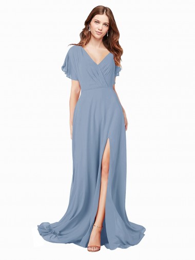 Online Chiffon Prom Dress with Flutter Sleeves and Front Slit UK