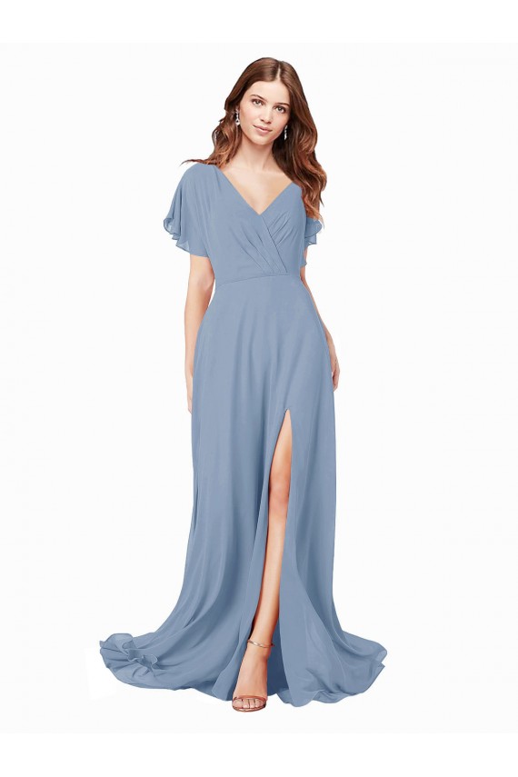 Online Chiffon Prom Dress with Flutter Sleeves and Front Slit UK