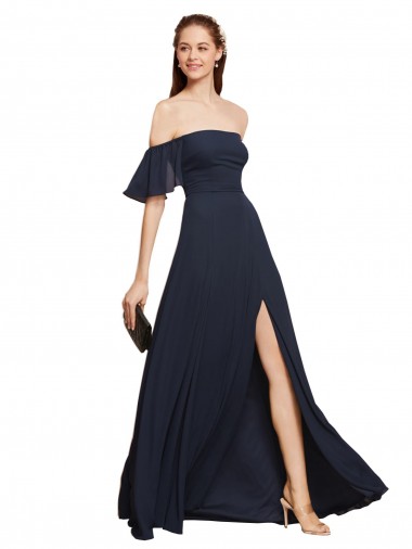 Online Off the Shoulder Floaty Sleeves Chiffon Prom Dress with High Slit UK