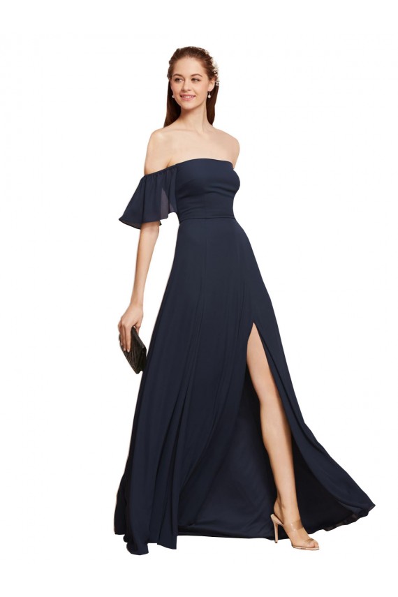 Online Off the Shoulder Floaty Sleeves Chiffon Prom Dress with High Slit UK