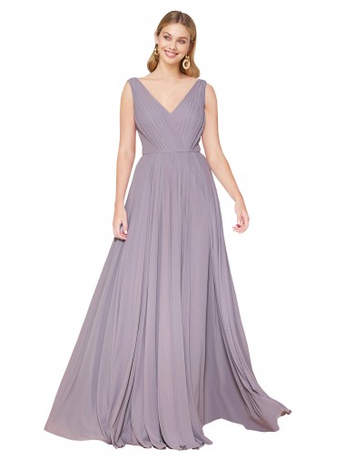 Online Draped Floor Length High Neck V-Back Chiffon Prom Dress with Shirred Bodice UK