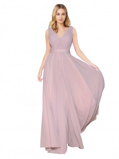 Online Draped V-Neck Long Chiffon Prom Dress with Shirred Bodice UK