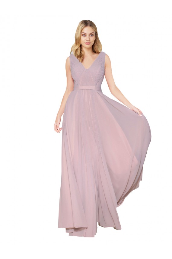 Online Draped V-Neck Long Chiffon Prom Dress with Shirred Bodice UK