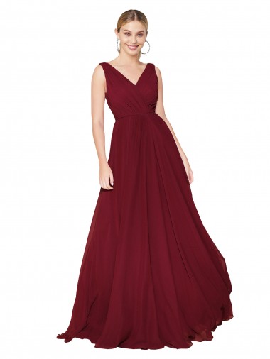 Online Draped A-Line V-Neck Floor Length Chiffon Prom Dress UK