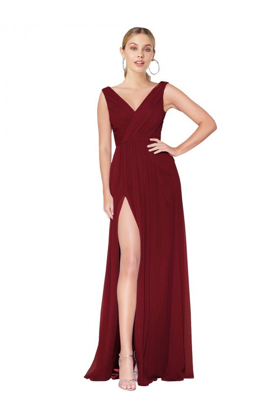 Online Draped Mermaid Long V-Neck Chiffon Prom Dress with High Slit UK