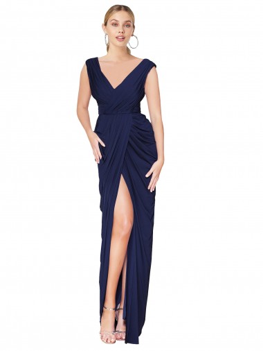 Online Draped V-Neck Long Chiffon Prom Dress with Front Slit UK