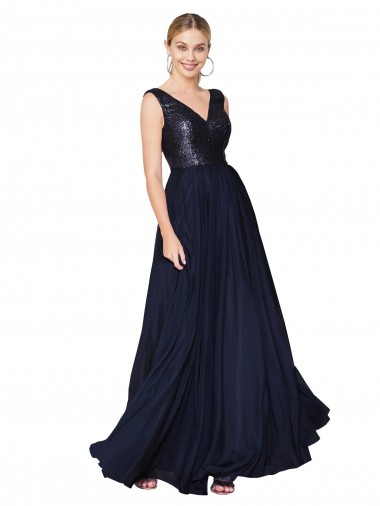 Online High Neck V-Neck Long Chiffon Prom Dress with Sequin Top UK