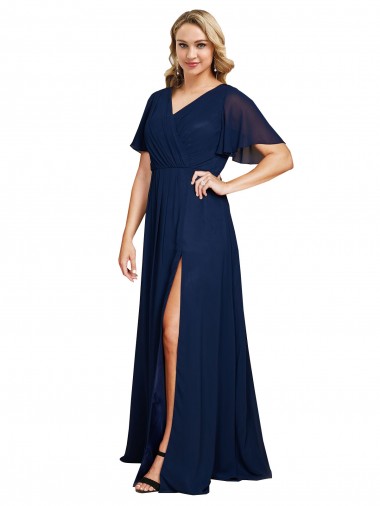 Online Chiffon V-Neck Short Sleeves Long Prom Dress with High Slit UK