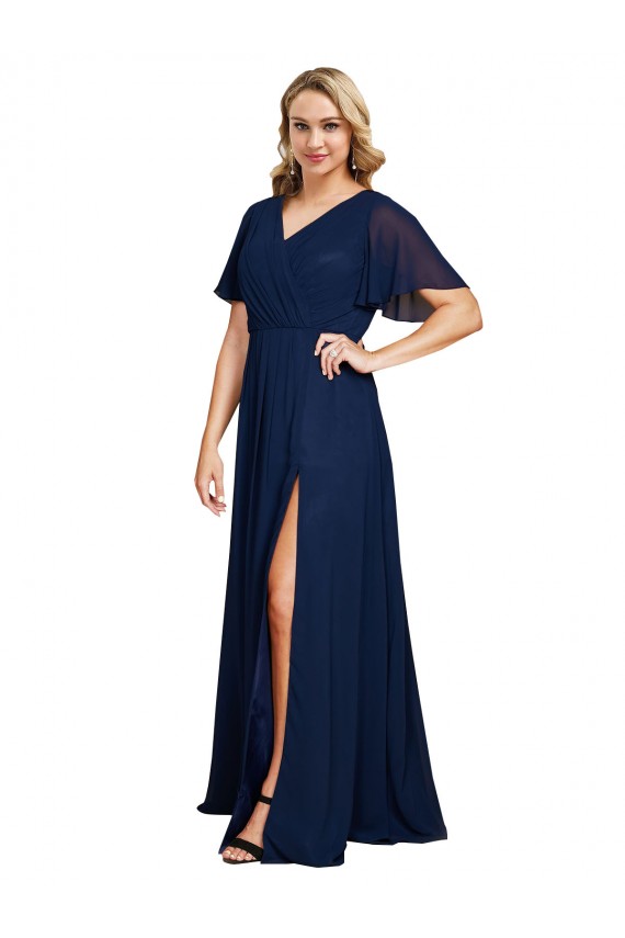 Online Chiffon V-Neck Short Sleeves Long Prom Dress with High Slit UK