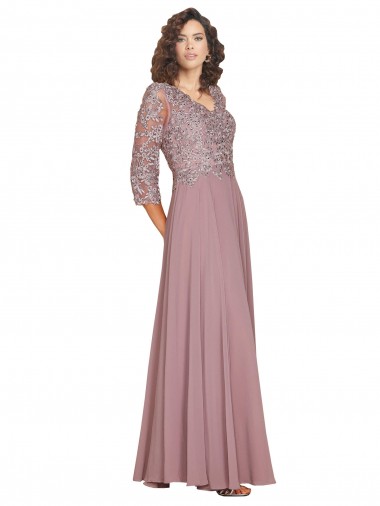 Online Hand-Beaded Bodice V-Neckline Long Sleeves Chiffon Prom Dress UK