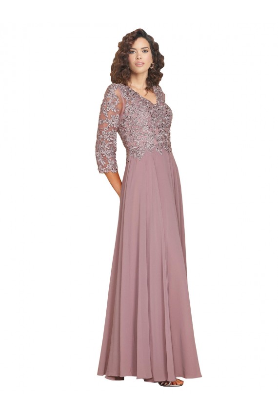 Online Hand-Beaded Bodice V-Neckline Long Sleeves Chiffon Prom Dress UK