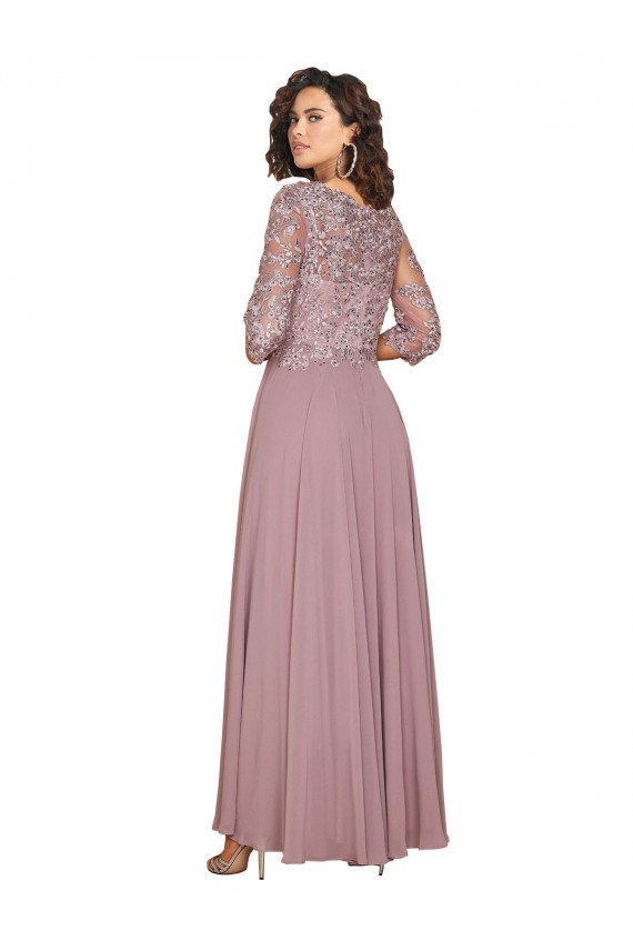 Online Hand-Beaded Bodice V-Neckline Long Sleeves Chiffon Prom Dress UK