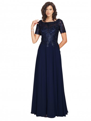 Online Short Sleeves A-Line Long Chiffon Prom Dress with Beaded Bodice UK