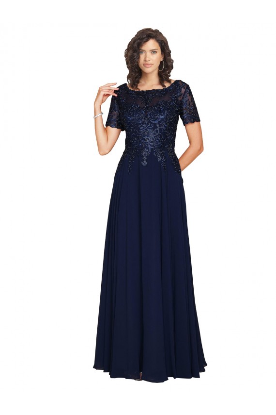 Online Short Sleeves A-Line Long Chiffon Prom Dress with Beaded Bodice UK