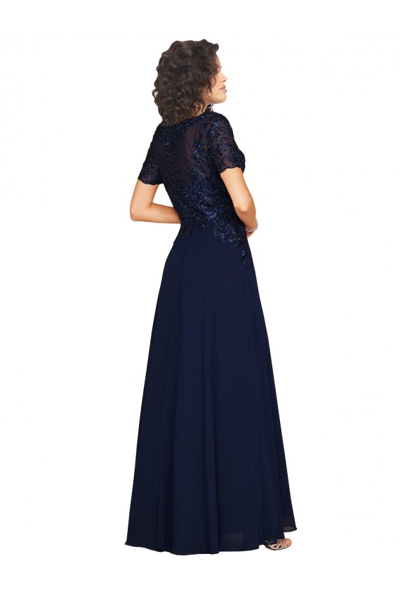 Online Short Sleeves A-Line Long Chiffon Prom Dress with Beaded Bodice UK