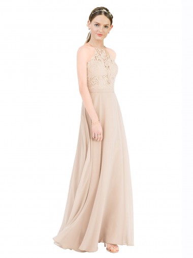 Online High Halter Neck Illusion Lace Prom Dress with Chiffon Skirt and Keyhole Back UK