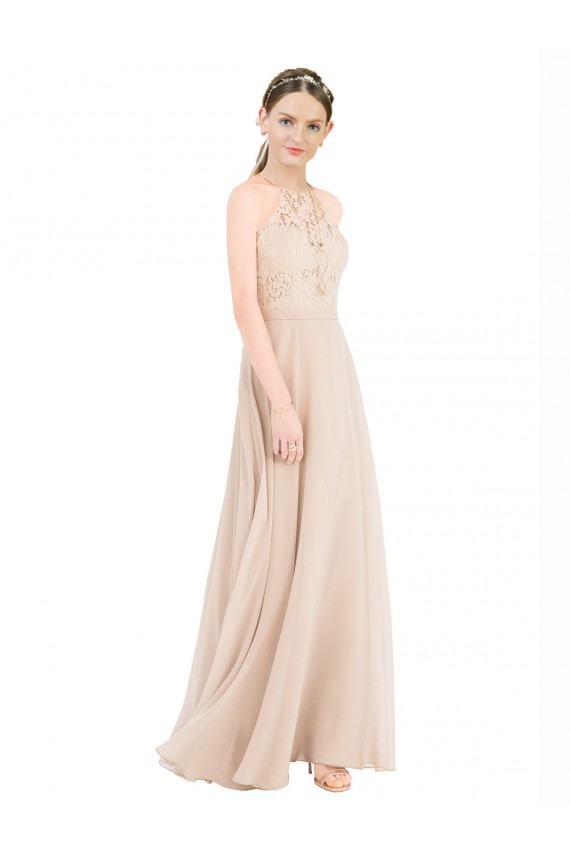 Online High Halter Neck Illusion Lace Prom Dress with Chiffon Skirt and Keyhole Back UK