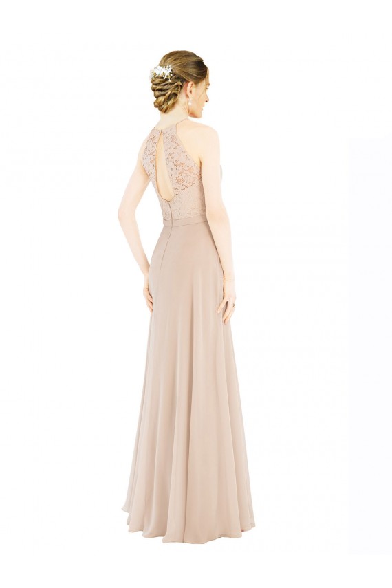 Online High Halter Neck Illusion Lace Prom Dress with Chiffon Skirt and Keyhole Back UK
