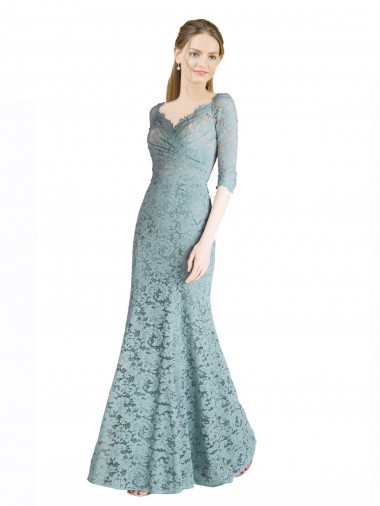 Online Half Sleeves Pleated Lace Prom Dress with Wrap-Around Portrait Neckline UK