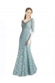 Online Half Sleeves Pleated Lace Prom Dress with Wrap-Around Portrait Neckline UK