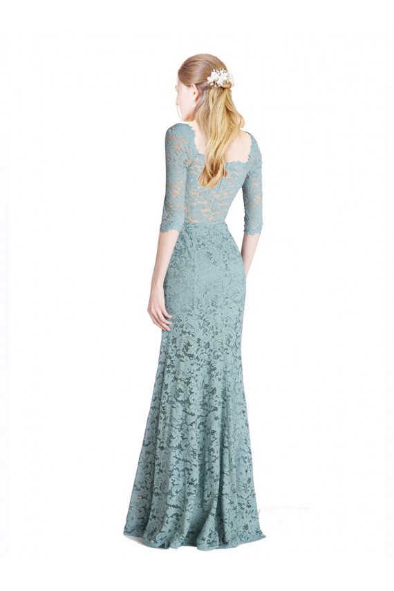 Online Half Sleeves Pleated Lace Prom Dress with Wrap-Around Portrait Neckline UK