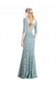 Online Half Sleeves Pleated Lace Prom Dress with Wrap-Around Portrait Neckline UK