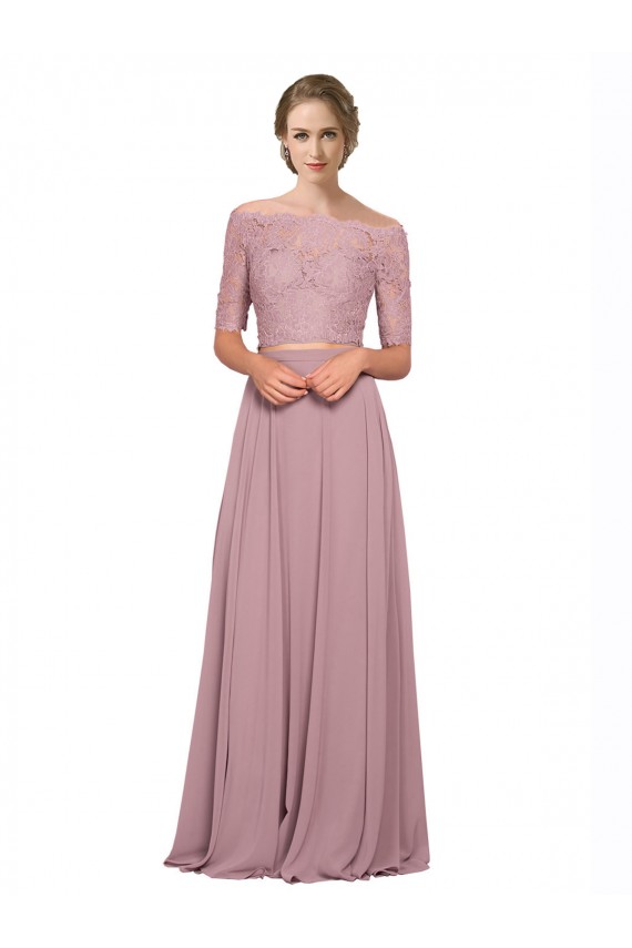 Online Off the Shoulder Lace Crop Top A-Line Chiffon Prom Dress UK