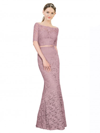 Online Short Sleeves Crop Top Mermaid Lace Prom Dress UK