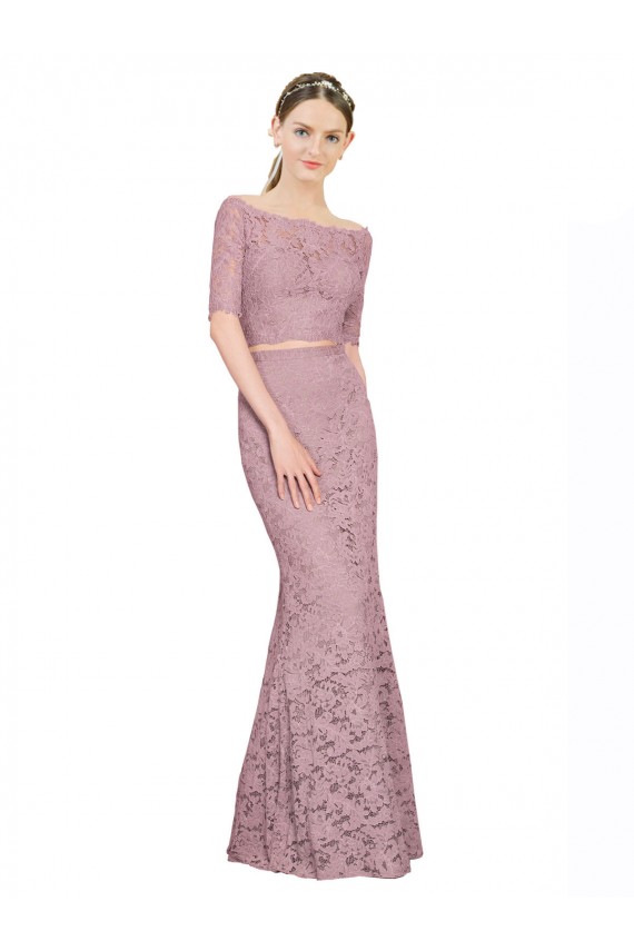 Online Short Sleeves Crop Top Mermaid Lace Prom Dress UK