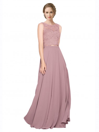 Online Long A-Line Chiffon Prom Dress with Sleeveless Lace Crop Top UK