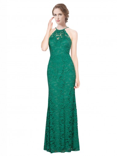 Online High Illusion Halter Neck Long Lace Prom Dress UK