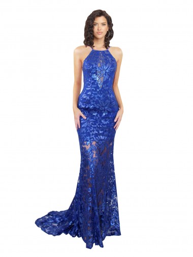 Online High Neck Long Open Back Lace Prom Dress with Train UK