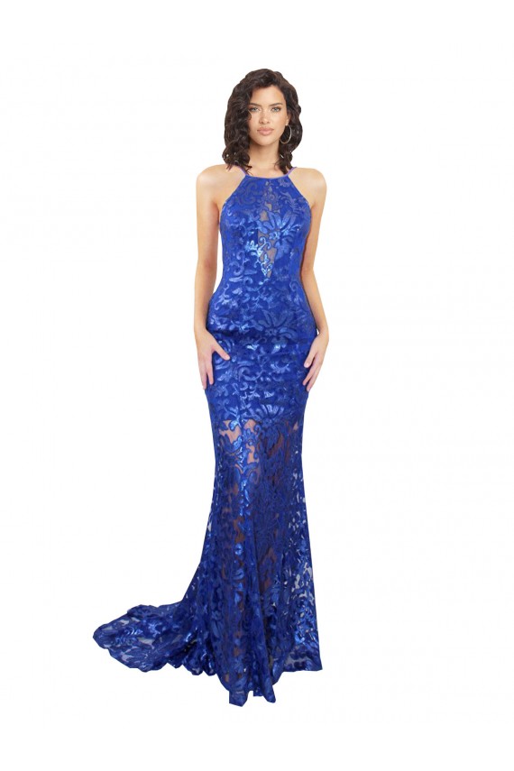 Online High Neck Long Open Back Lace Prom Dress with Train UK