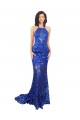 Online High Neck Long Open Back Lace Prom Dress with Train UK