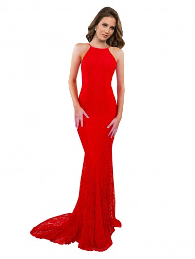 Online High Neck Long Lace Prom Dress with Open Back Straps UK
