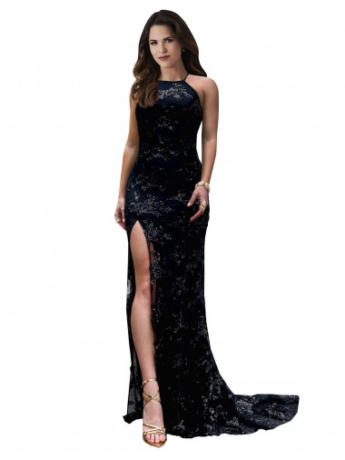 Online High Neckline Lace Open Back Prom Dress with High Slit UK