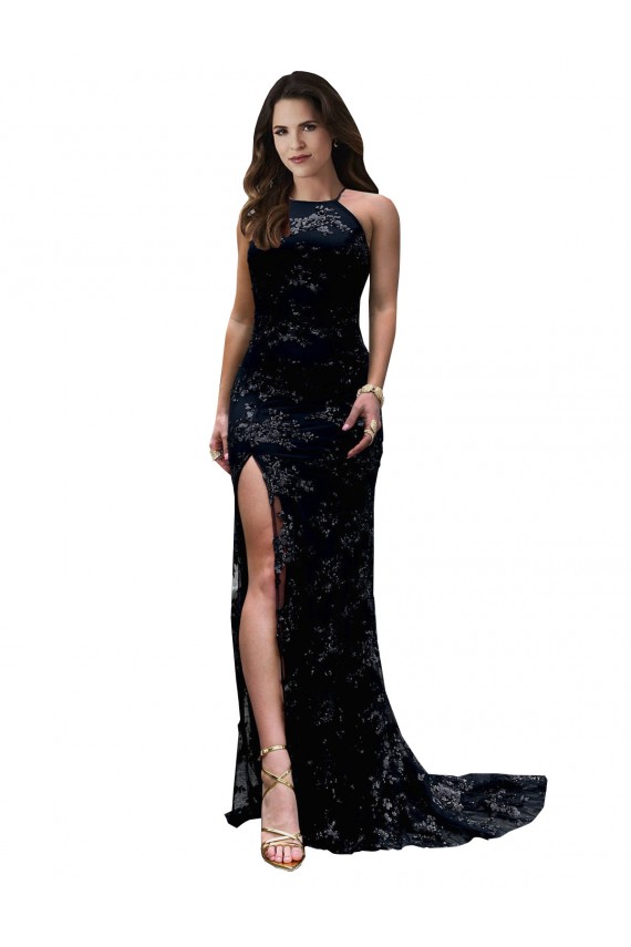 Online High Neckline Lace Open Back Prom Dress with High Slit UK