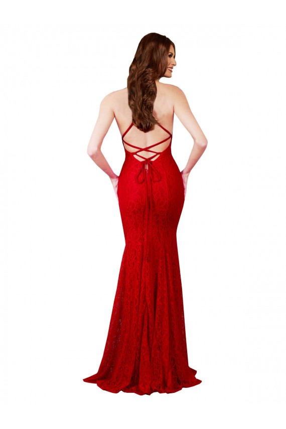 Online Low Back V-Neckline Floor Length Lace Prom Dress UK