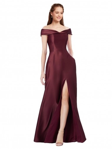 Online Long Off the Shoulder Satin Prom Dress with Thigh-high Slit UK
