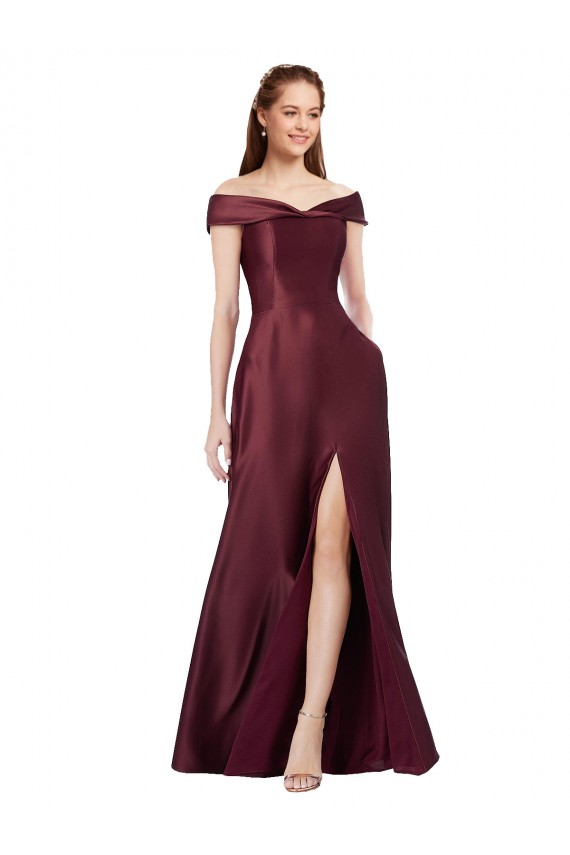 Online Long Off the Shoulder Satin Prom Dress with Thigh-high Slit UK