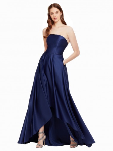 Online High Low Strapless Satin Prom Dress with Pockets UK