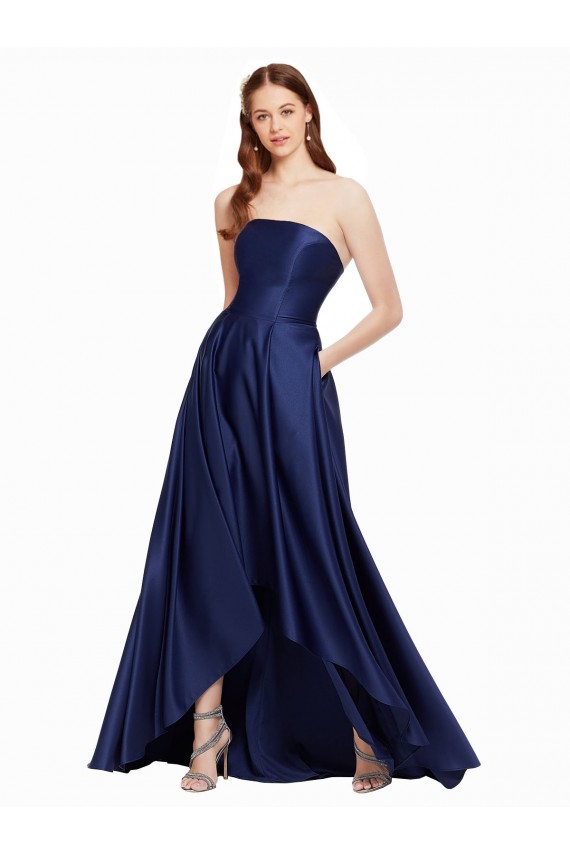 Online High Low Strapless Satin Prom Dress with Pockets UK