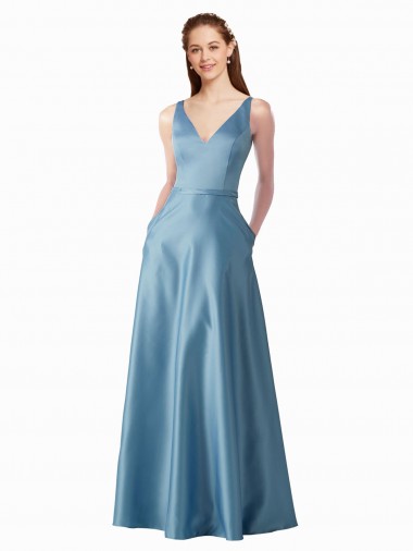 Online Classic Satin V-Neck A-Line Prom Dress with Pockets UK