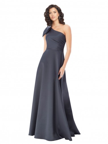 Online Rouched One Shoulder Floor Length Satin Prom Dress with Bow UK