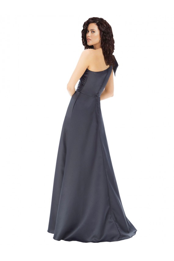 Online Rouched One Shoulder Floor Length Satin Prom Dress with Bow UK