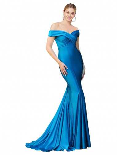 Online Off the Shoulder Long Chapel Train Satin Prom Dress UK