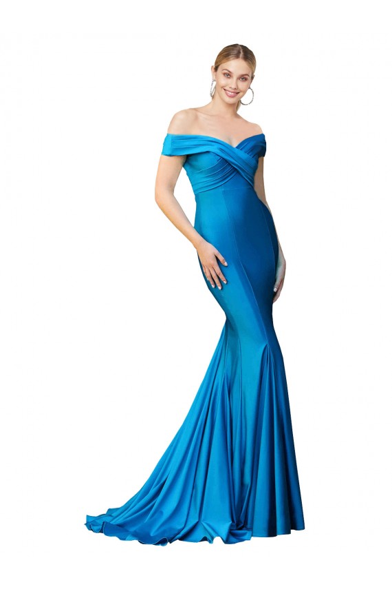 Online Off the Shoulder Long Chapel Train Satin Prom Dress UK