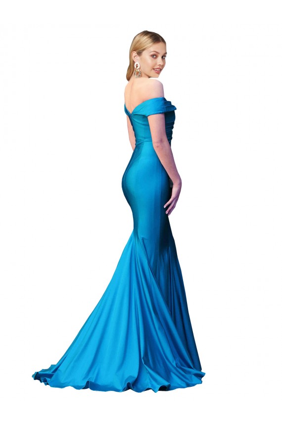 Online Off the Shoulder Long Chapel Train Satin Prom Dress UK